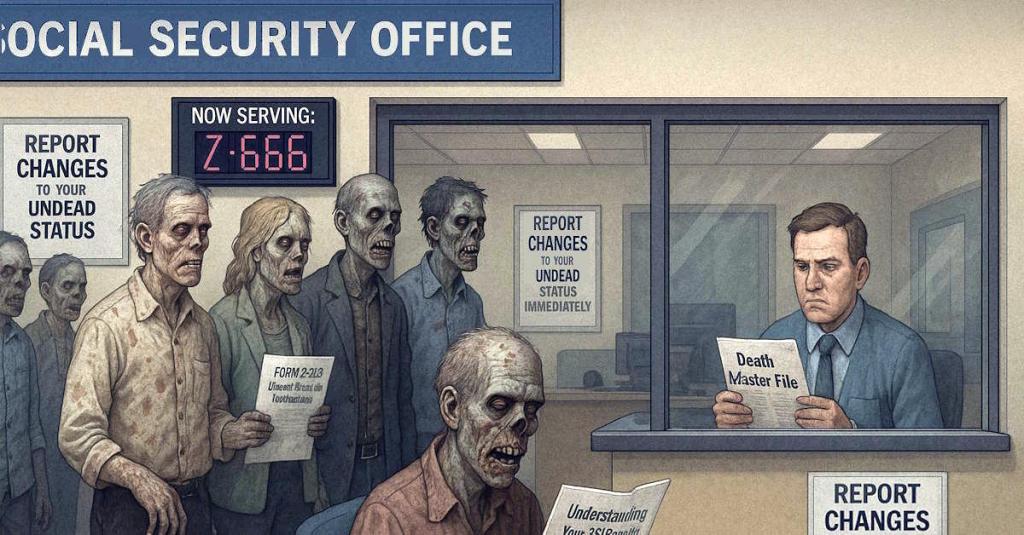 In this satirical illustration, Zombies line up at a government office to change their status to undead