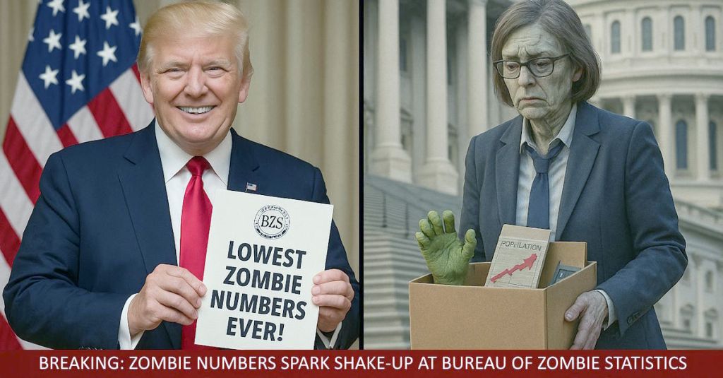 Split-screen satirical image showing Donald Trump holding a “Lowest Zombie Numbers Ever!” report on the left, and a zombified female commissioner carrying a box of belongings outside the U.S. Capitol on the right, with a breaking news headline below.