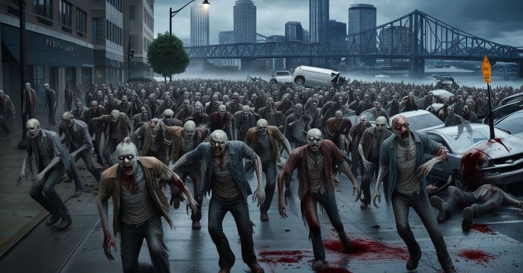 Artist conception of zombie breakout overrunning the streets of Portland, Ore.