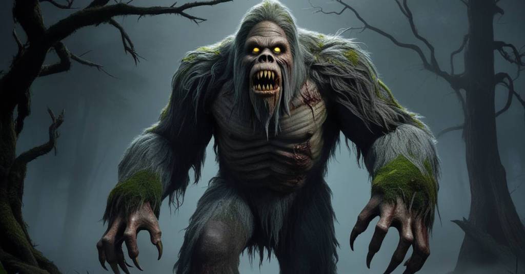 An undead Bigfoot, or Zombfoot, stalks through a dark and spooky forest