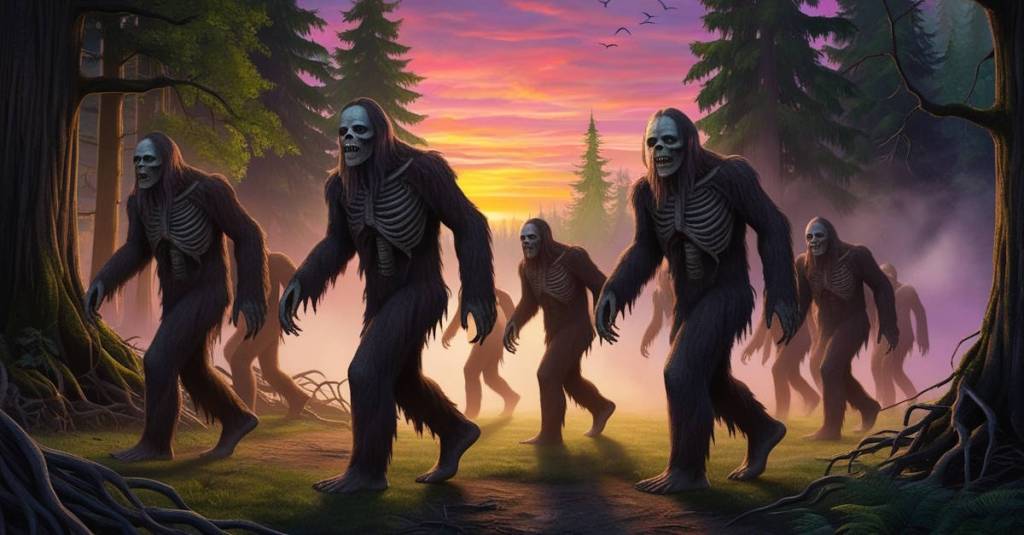 A group of undead Bigfoot creatures, or Zombfoots, stalks through a primeval forest at sunset