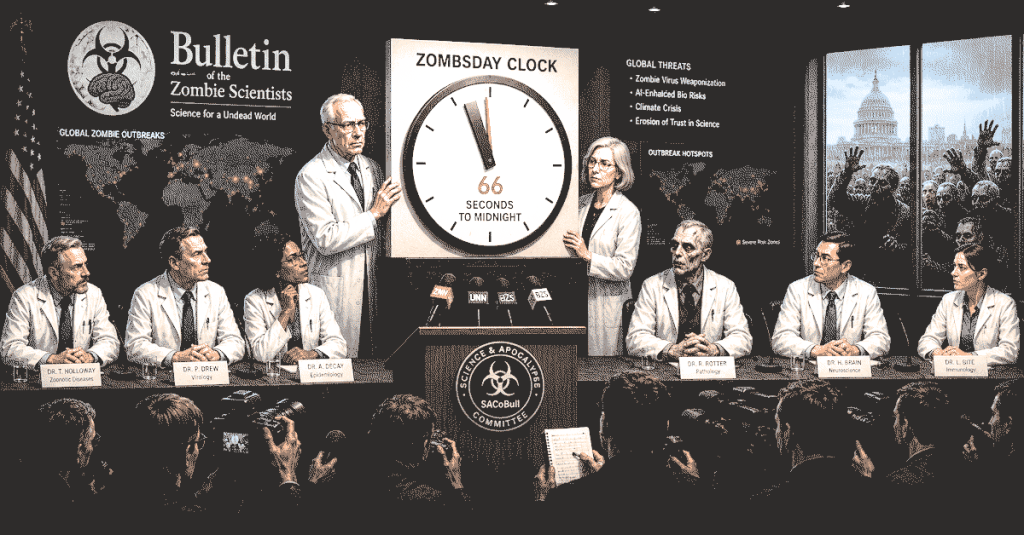 Zombie scientists, speaking at a press conference, announce that the Science and Apocalypse Committee of the Bulletin (SACoBull), associated with the Bulletin of the Zombie Scientists, has advanced the group's Zombsday Clock to 66 seconds to midnight.