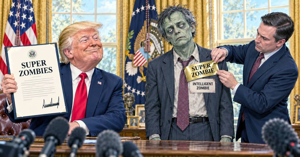Satirical illustration of President Trump holding a “Super Zombies” executive order in the Oval Office as an aide places a gold “Super Zombie” label over an “Intelligent Zombie” label on an unimpressed zombie’s chest.