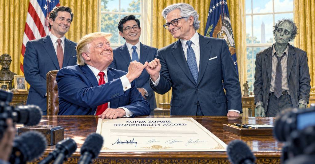 Satirical illustration of President Trump and a tech executive linking pinkies above a “Super Zombie Responsibility Accord” on the Oval Office desk, while other executives smile and an unimpressed zombie looks on.